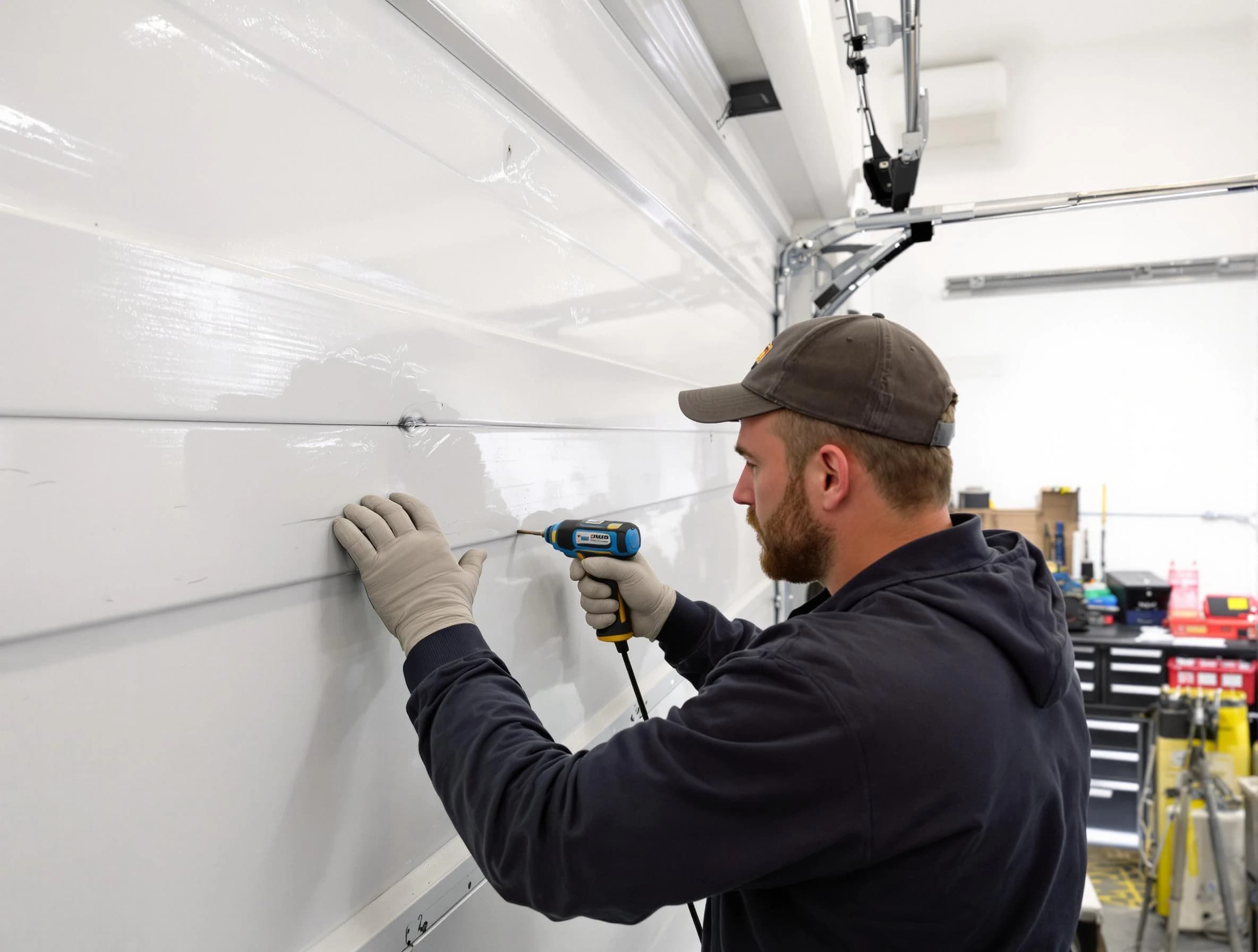 Summit Garage Door Repair technician demonstrating precision dent removal techniques on a Summit garage door