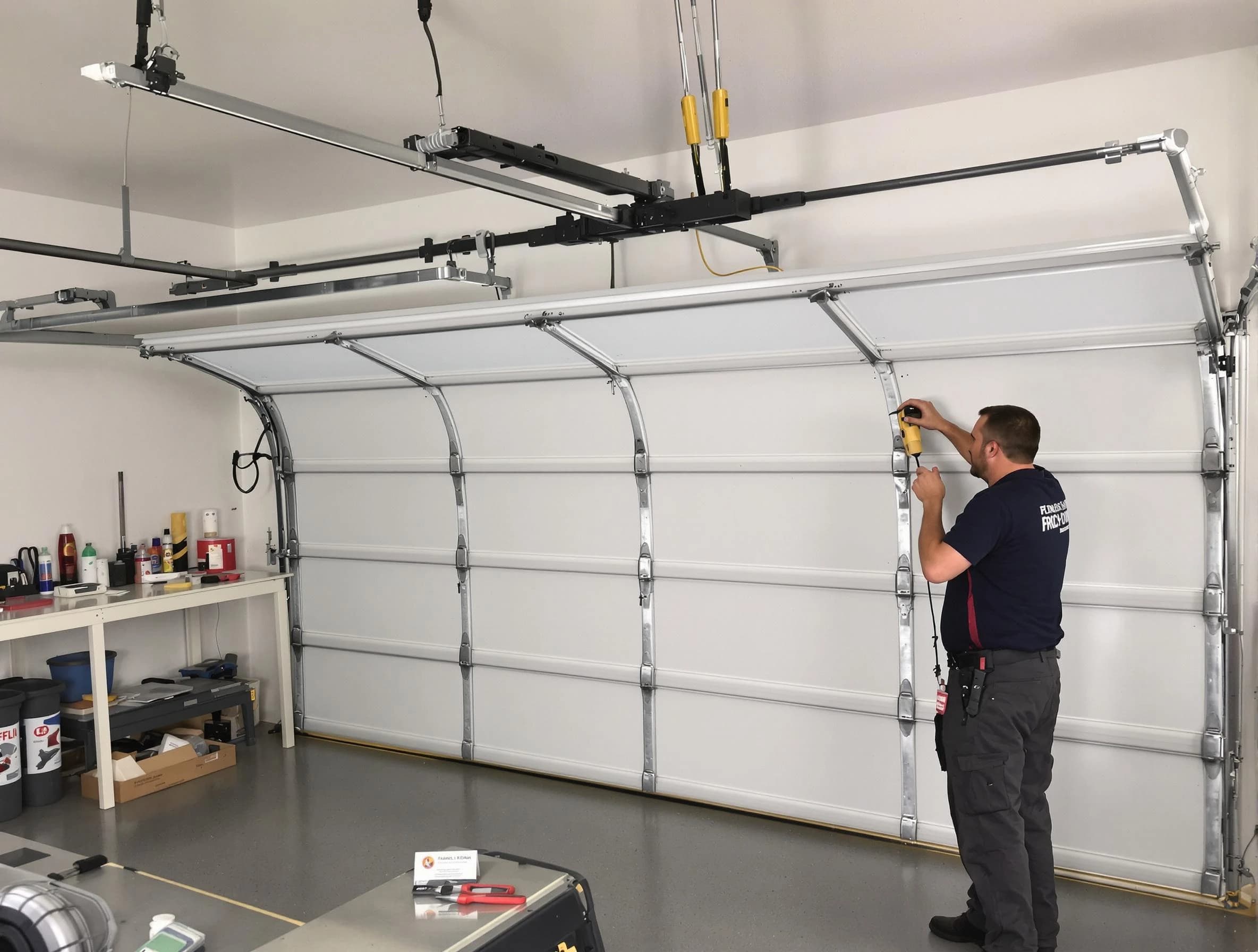 Summit Garage Door Repair certified technician performing overhead door system repair in Summit