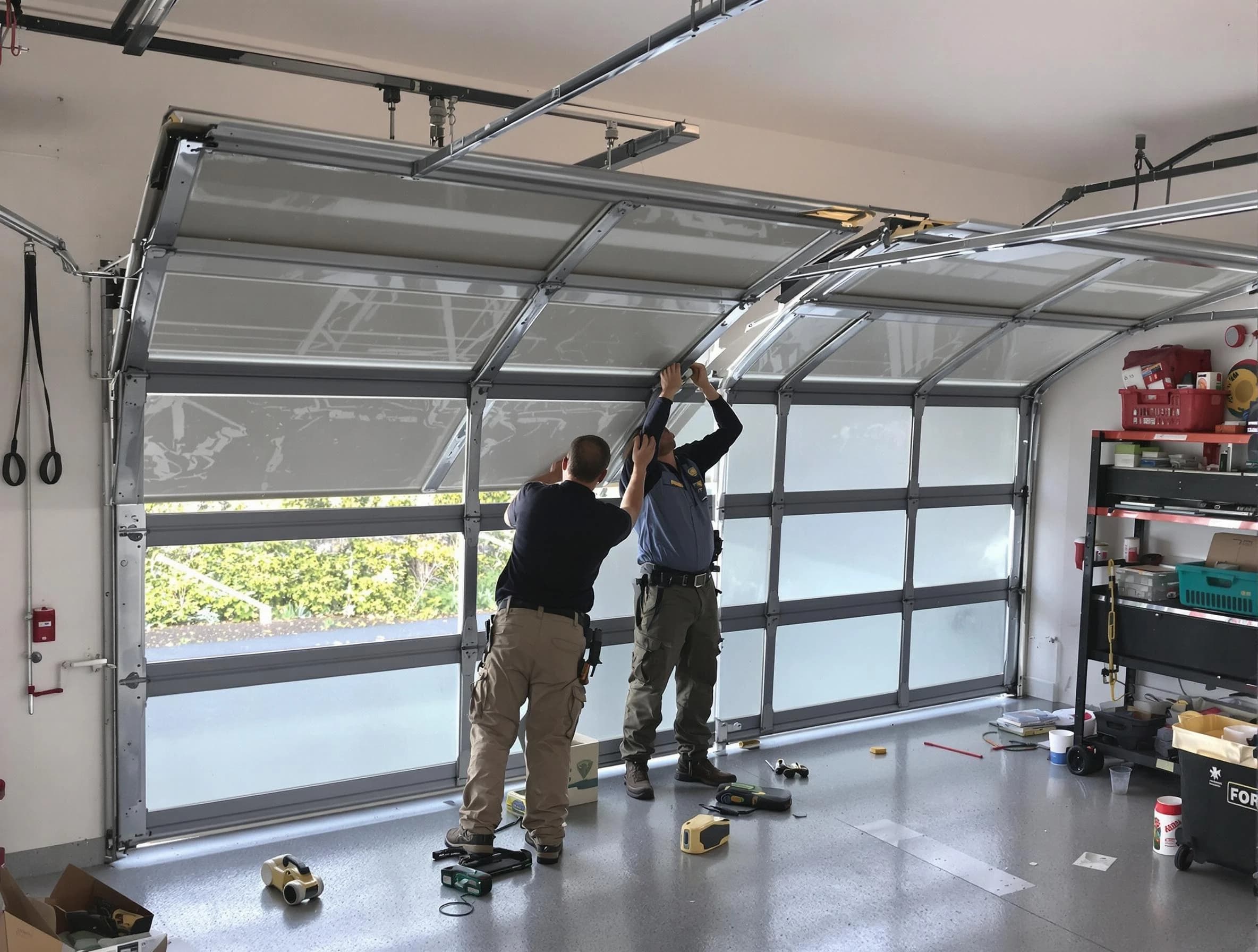 Summit Garage Door Repair expert performing precise panel replacement on Summit garage door